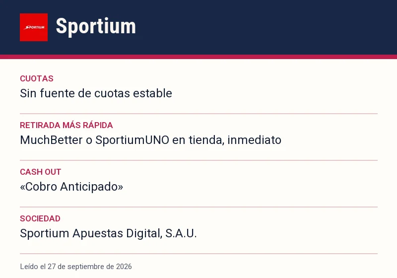 Ficha de Sportium: cuotas, retirada más rápida y cash out