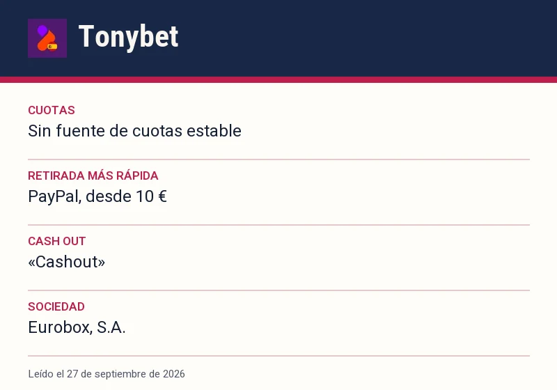Ficha de Tonybet: cuotas, retirada más rápida y cash out